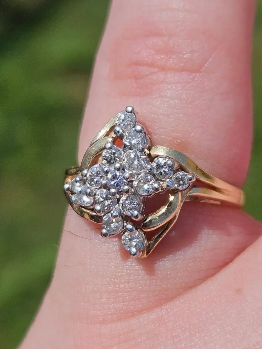 14K Yellow Gold Diamond Cocktail Bypass Flower Cluster Ring .30TCW Size 6.5